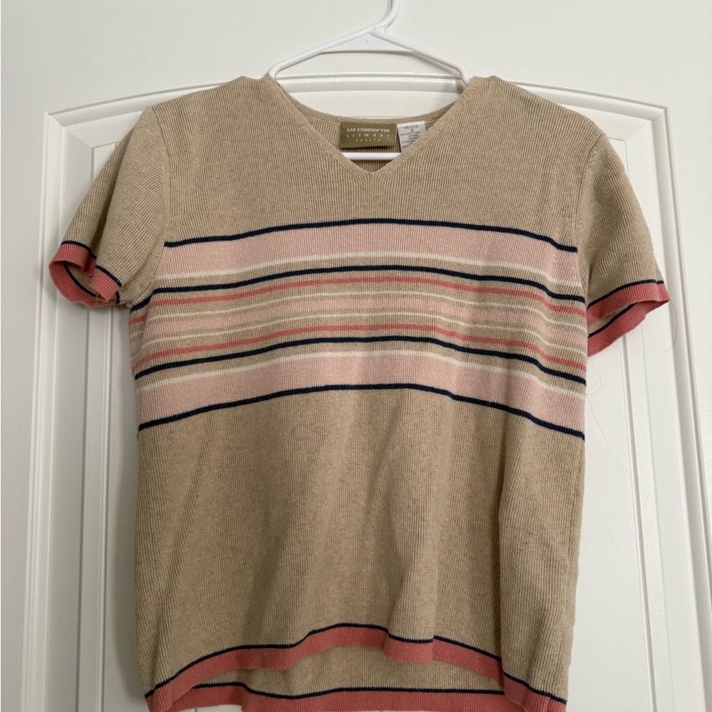 Striped V-Neck Short Sleeve Sweater